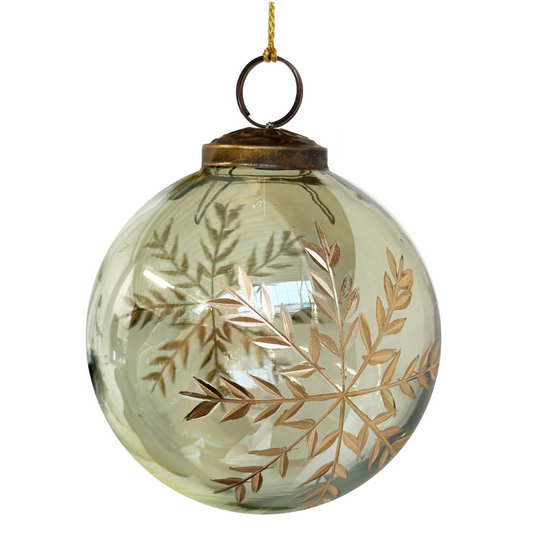 Glass ball green lustered gold snowflake